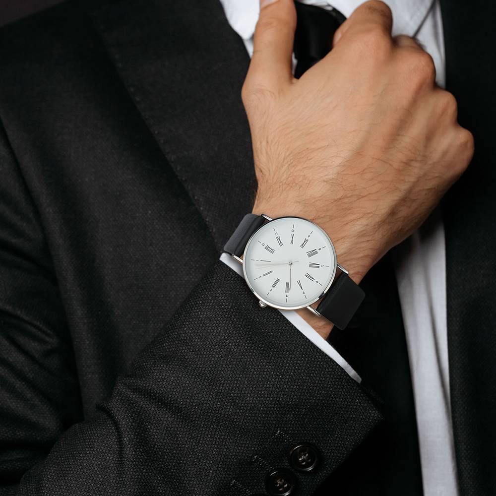 White Dial Watch Fashion Quartz Black Leather Strap Business Watch - Men's - soufeelus