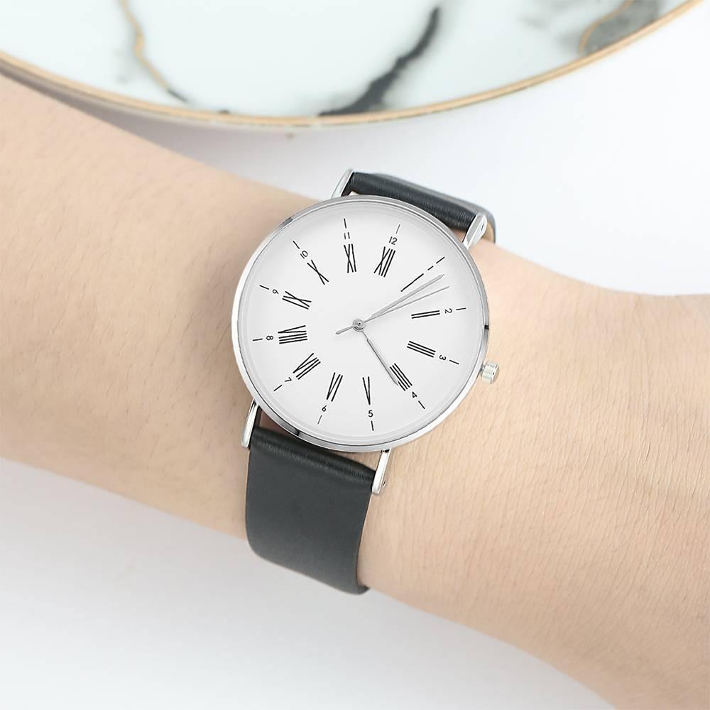 White Dial Watch Fashion Quartz Black Leather Strap Business Watch - Women's - soufeelus