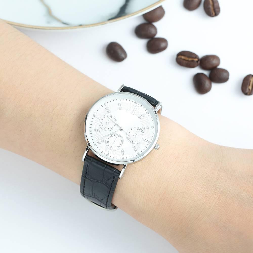 Automatic Watch White Dial Black Leather Strap - Women's - soufeelus