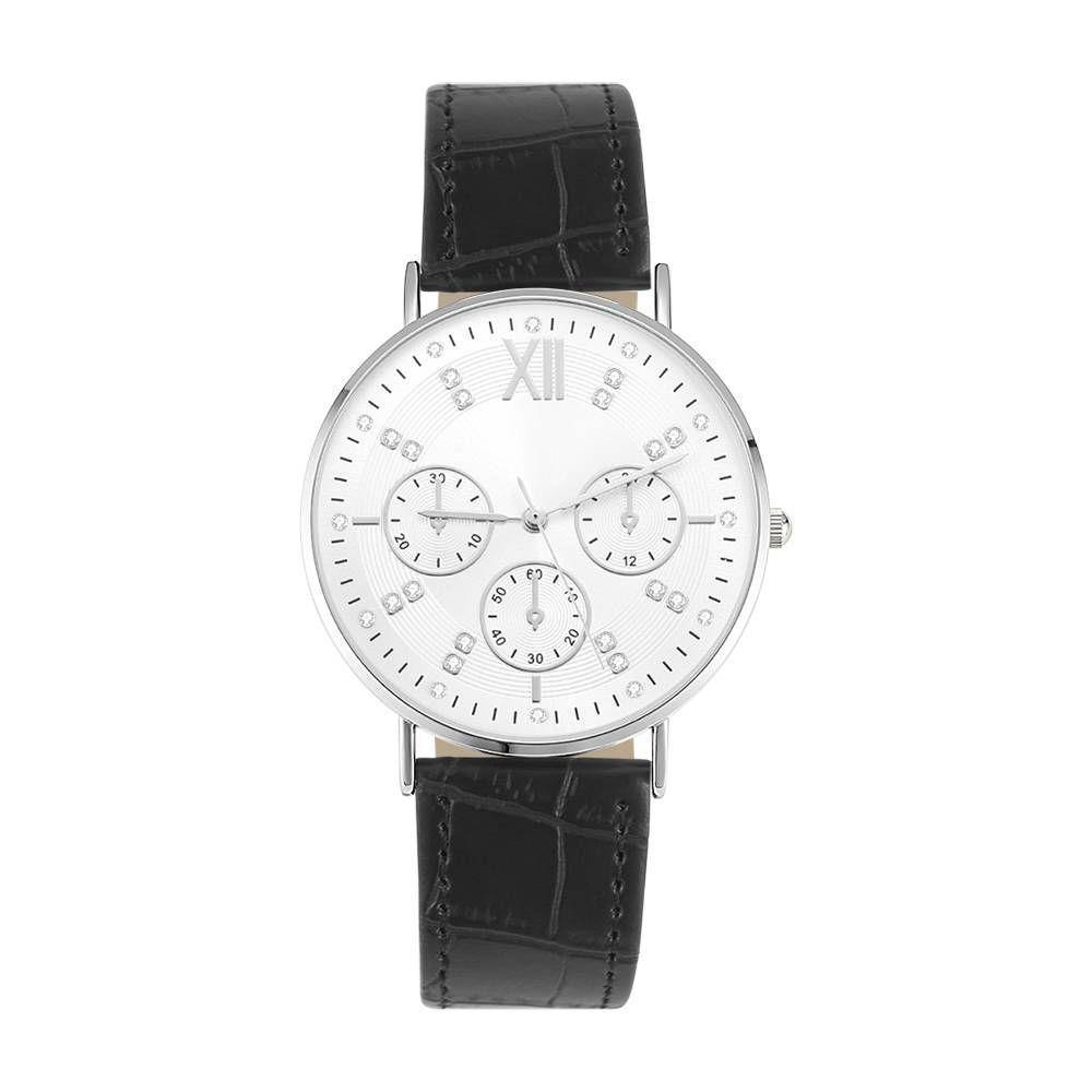 Automatic Watch White Dial Black Leather Strap - Women's - soufeelus