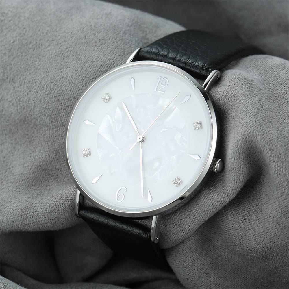 Marble Dial Watch Black Leather Strap - Men's - soufeelus