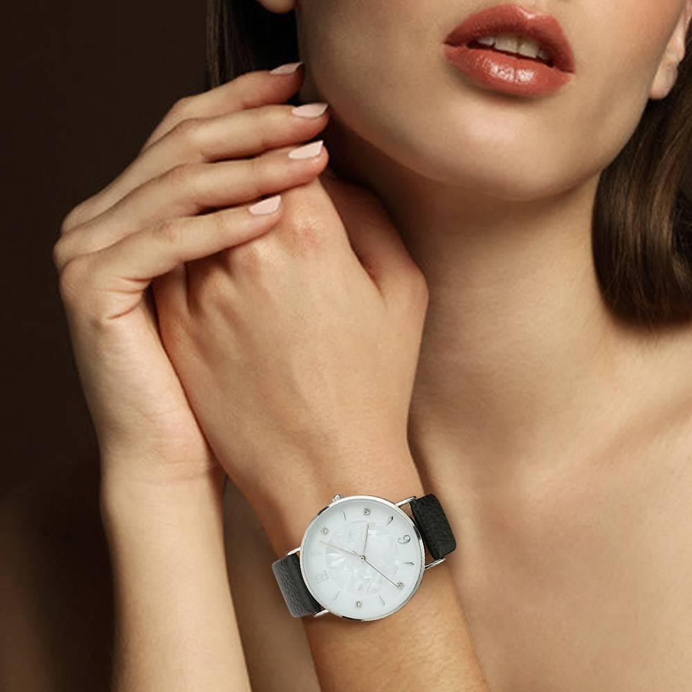 Marble Dial Watch Black Leather Strap - Women's - soufeelus