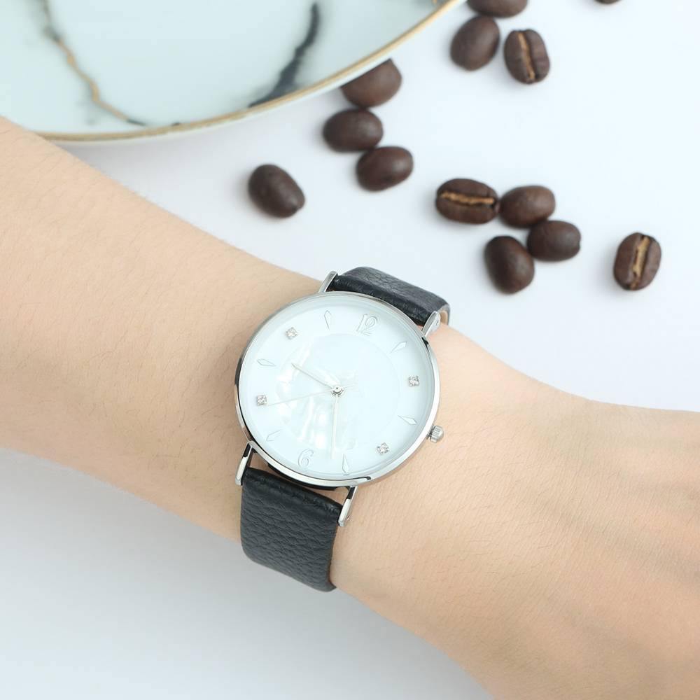 Marble Dial Watch Black Leather Strap - Women's - soufeelus