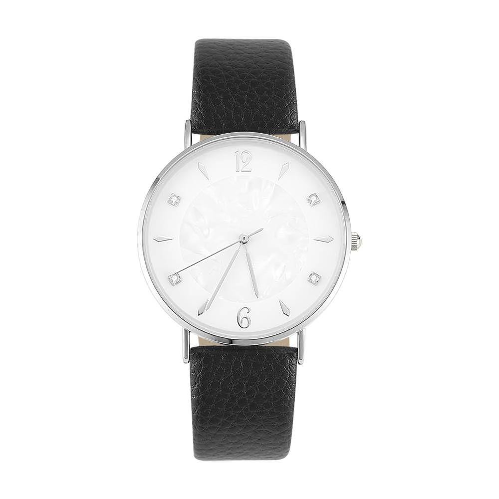 Marble Dial Watch Black Leather Strap - Women's - soufeelus