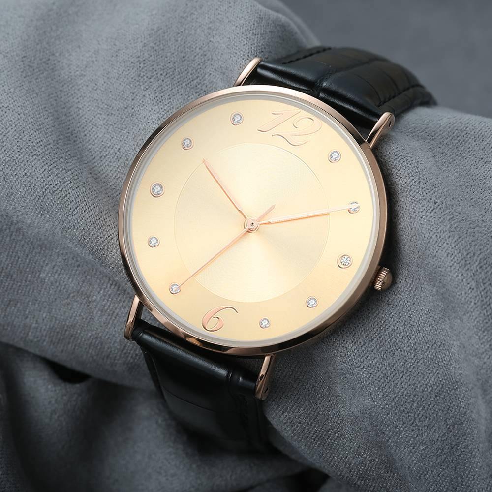 Golden Dial Watch Fashion Quartz Black Leather Strap - Women's - soufeelus