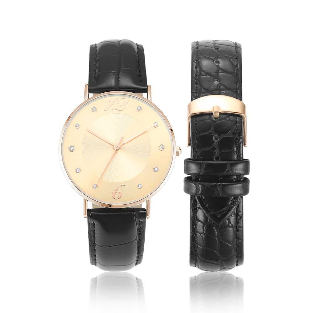 Golden Dial Watch Fashion Quartz Black Leather Strap - Men's - soufeelus