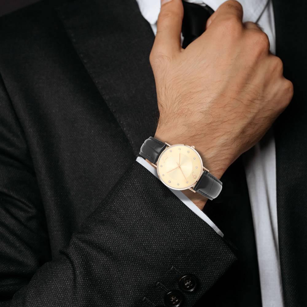 Golden Dial Watch Fashion Quartz Black Leather Strap - Men's - soufeelus