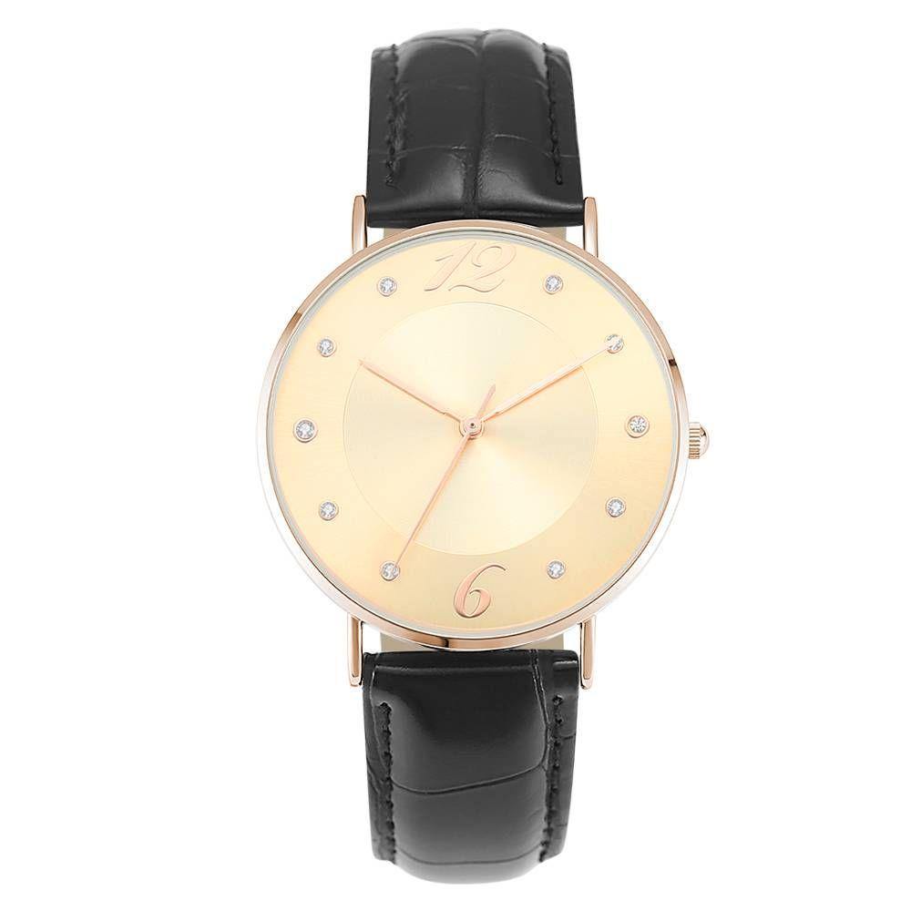 Golden Dial Watch Fashion Quartz Black Leather Strap - Men's - soufeelus