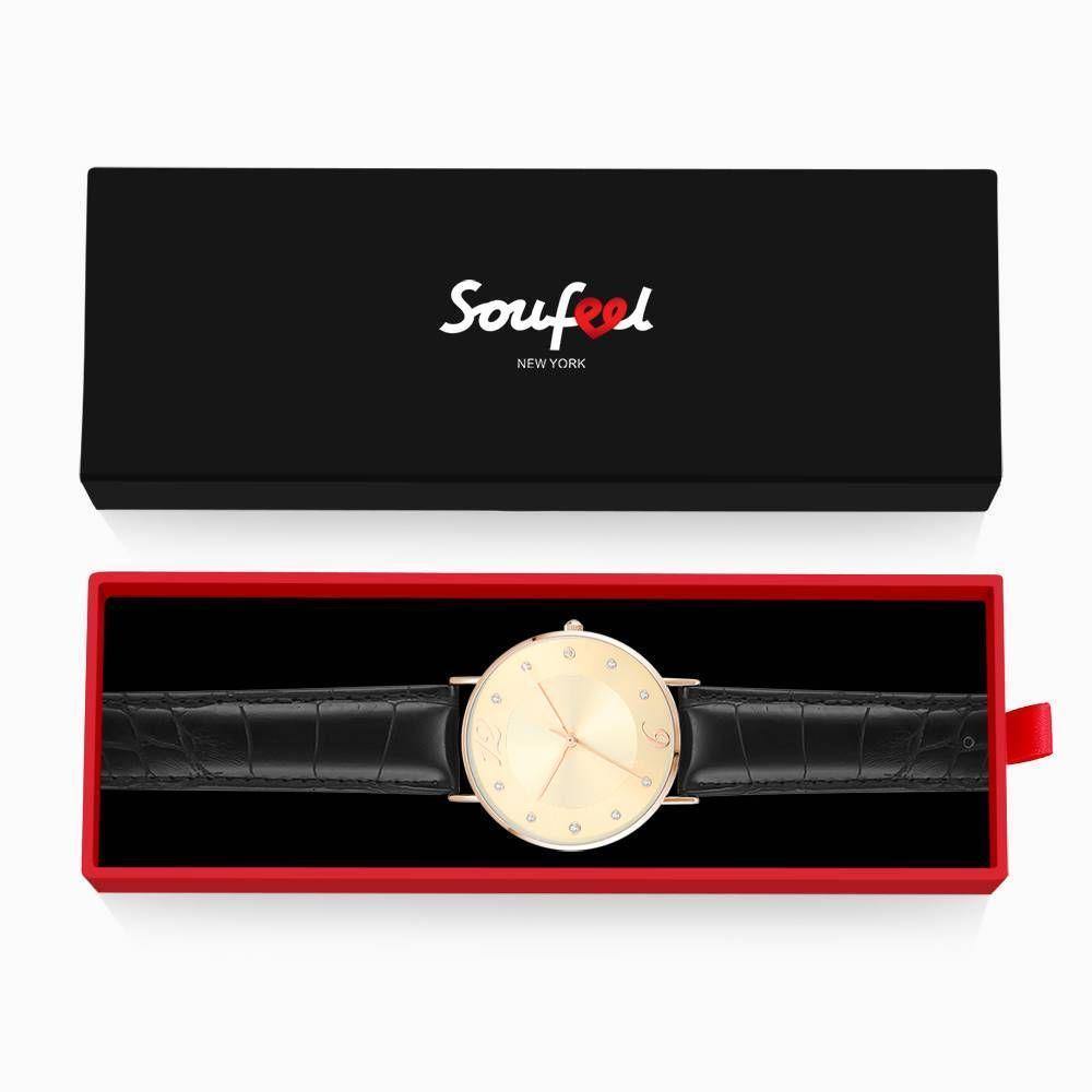 Golden Dial Watch Fashion Quartz Black Leather Strap - Women's - soufeelus