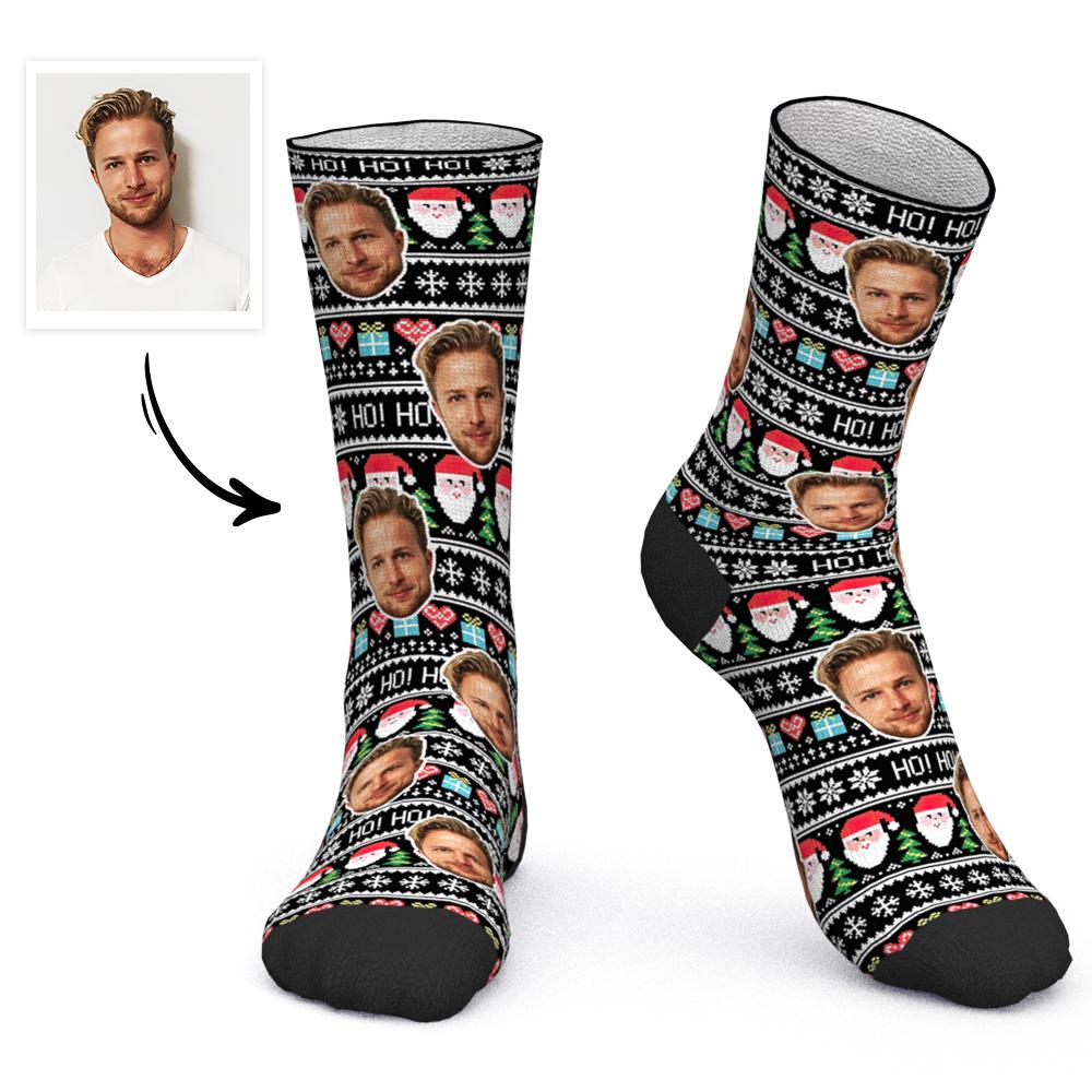Custom Face Socks Personalized Photo Socks Christmas Gift Santa Socks - Black