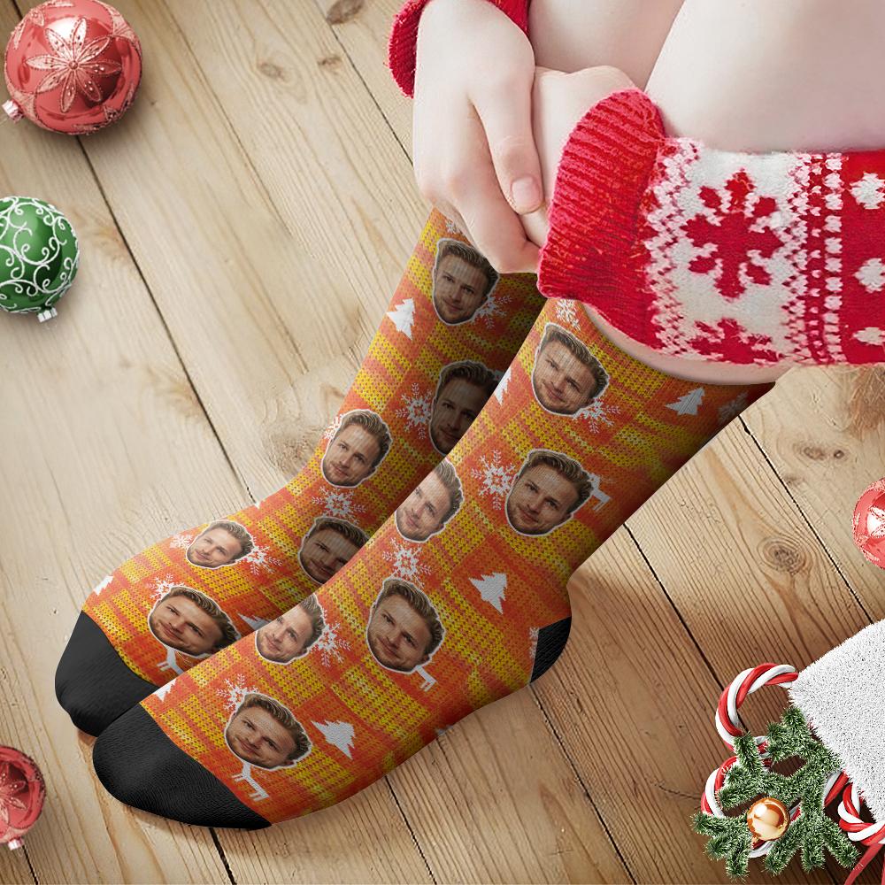 Custom Face Socks Personalized Photo Socks Christmas Gift Orange Santa Socks - Snowflake And Christmas Tree