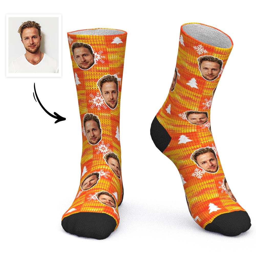 Custom Face Socks Personalized Photo Socks Christmas Gift Orange Santa Socks - Snowflake And Christmas Tree