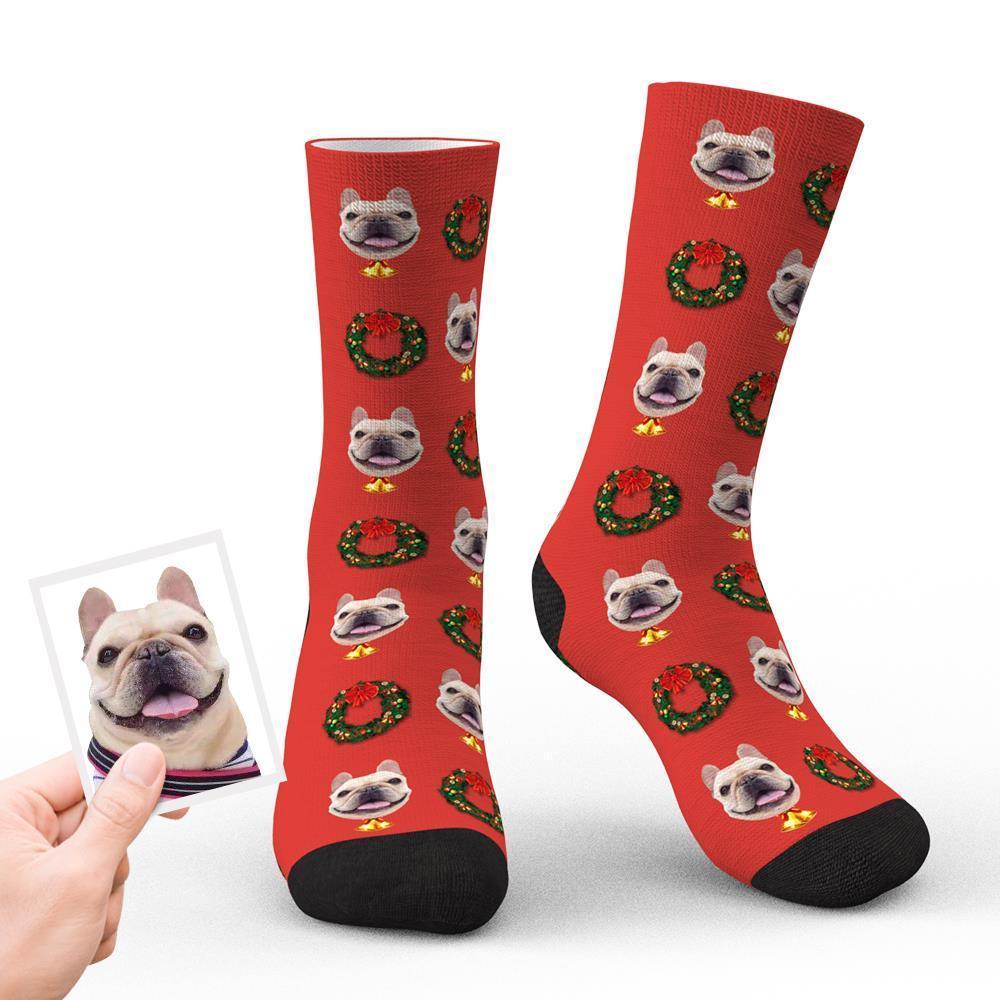 Custom Christmas Socks Personalized Face Funny Socks - Christmas Wreath