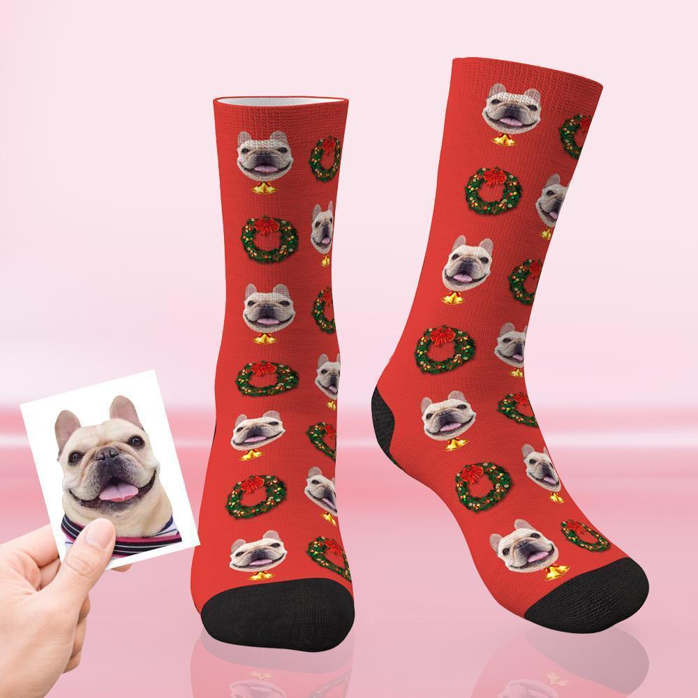 Custom Christmas Socks Personalized Face Funny Socks - Christmas Wreath