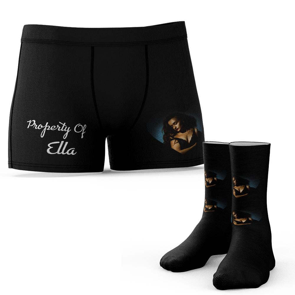 Custom Face Photo Engraving Underwear and Socks Set Love Heart Boxer Shorts Valentine's Day - soufeelus