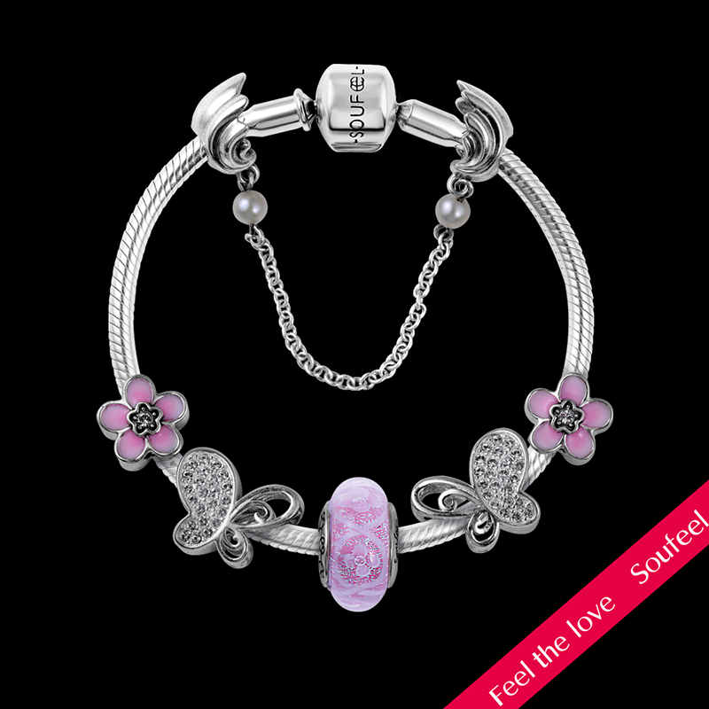 Butterflies and Flowers Complete Charm Bracelet Silver - soufeelus
