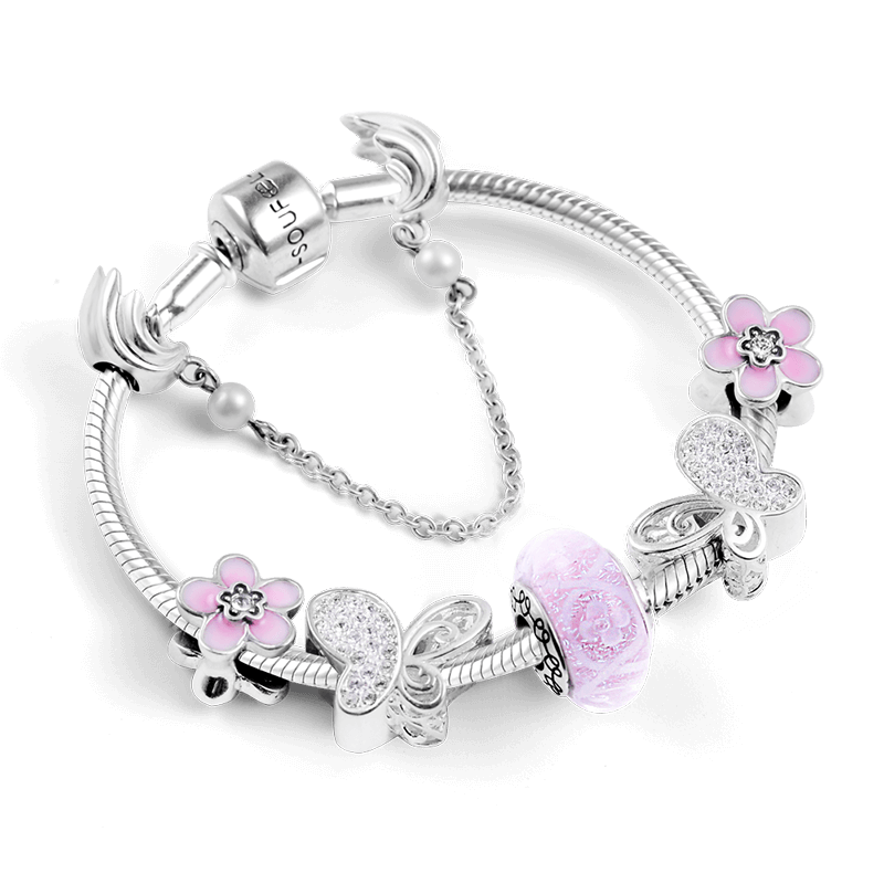 Butterflies and Flowers Complete Charm Bracelet Silver - soufeelus