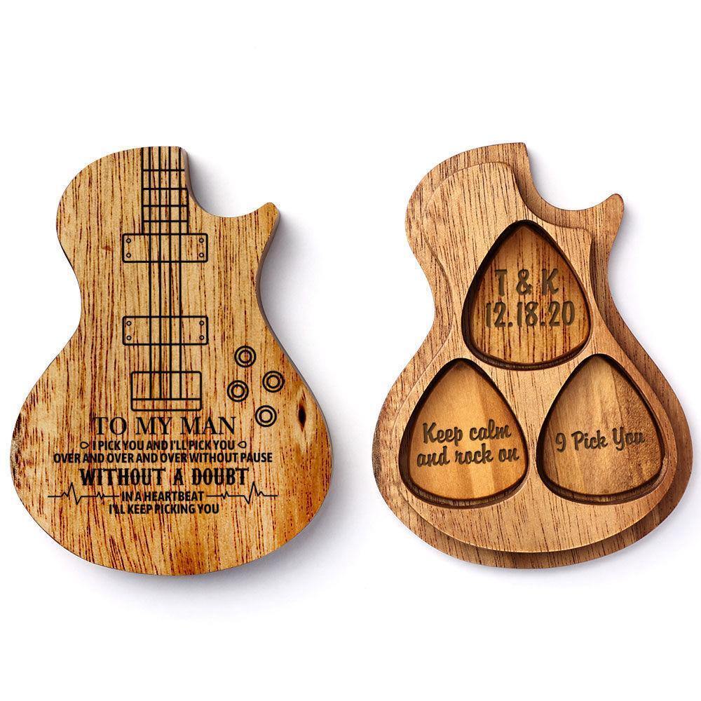 Guitar Wood Picks Box Guitar-shaped Picks Box Plectrum Container 3PCS Guitar Pick  Unique Gifts for Musician