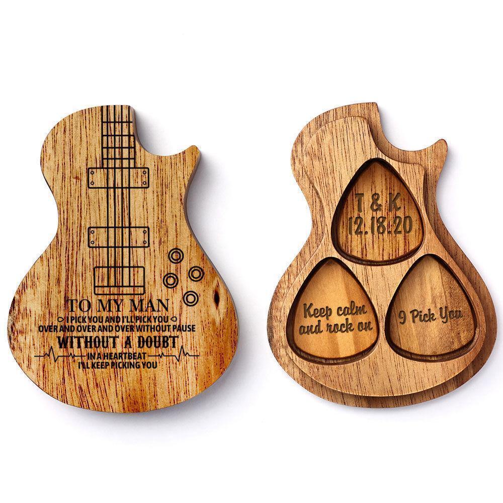 Guitar Wood Picks Box Guitar-shaped Picks Box Plectrum Container 3PCS Guitar Pick Unique Gifts for Musician