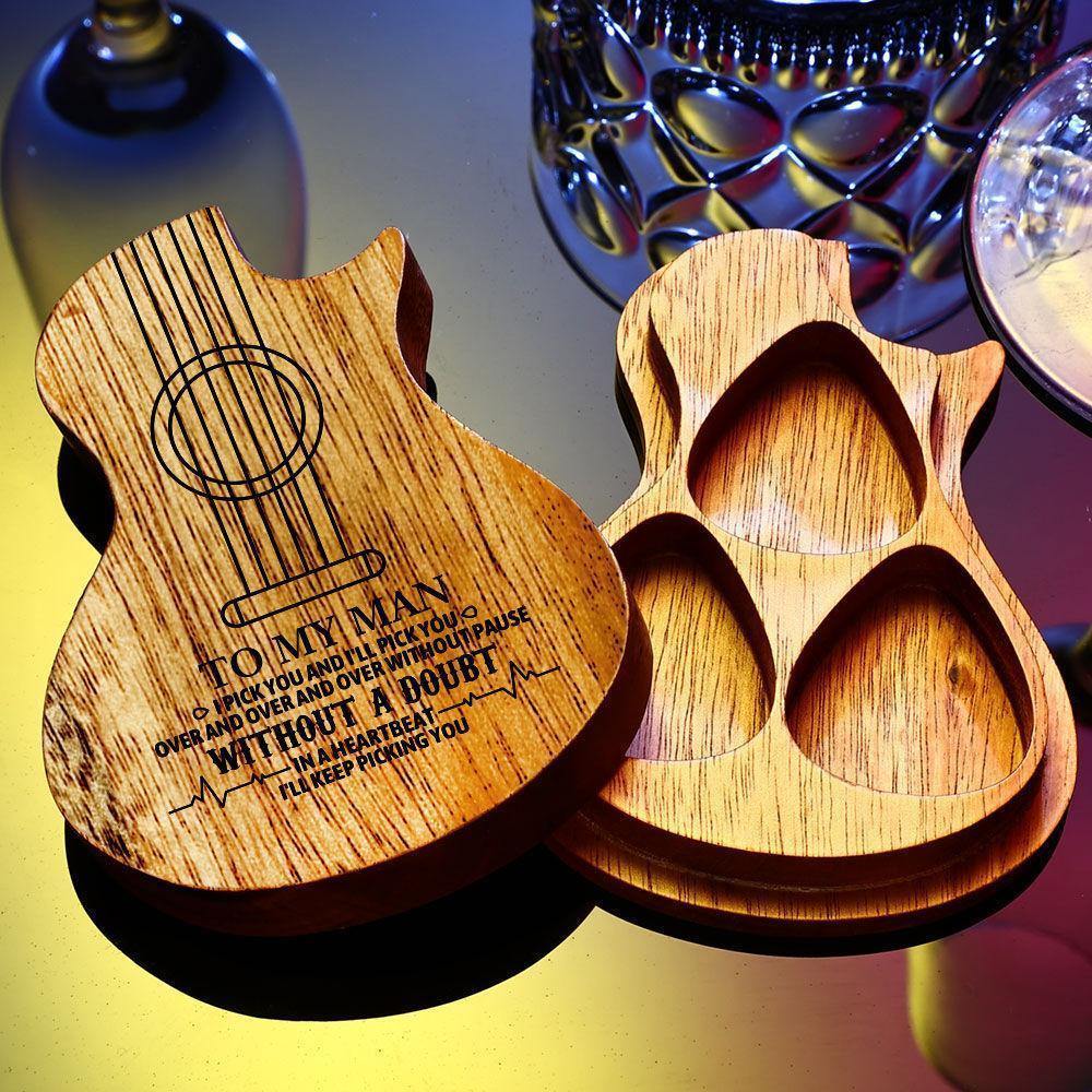Guitar Wood Picks Box Guitar-shaped Picks Box Plectrum Container 3PCS Guitar Pick  Unique Gifts for Musician