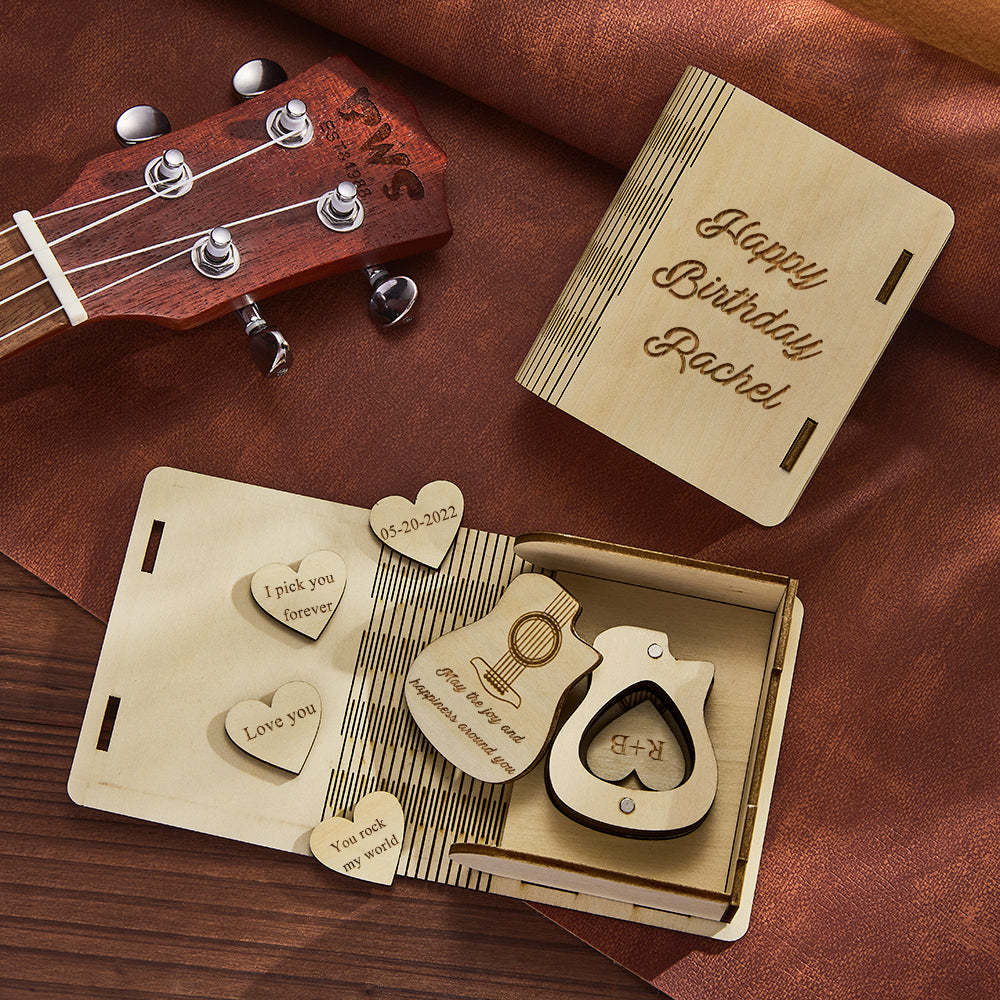 Custom Heart Guitar Picks with Guitar Shaped Box Personalized Wooden Box Valentine's Day Gifts - soufeelus