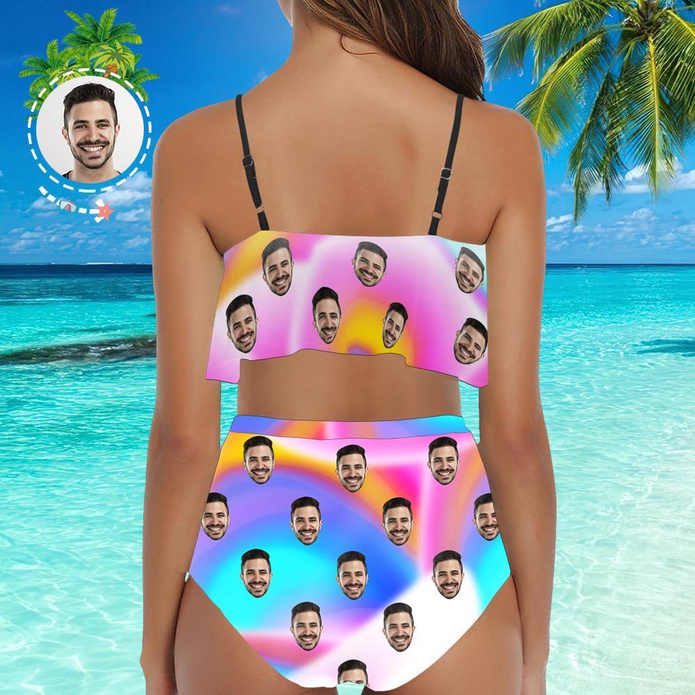 Custom Face Bikini Women's Ruffle Summer Bikini High Waisted Bathing Suits Gift For Her - Rainbow