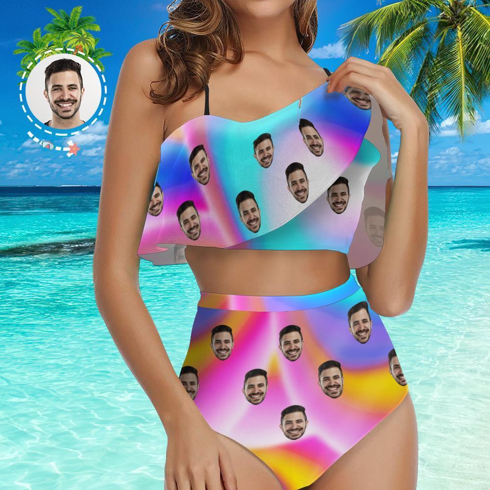 Custom Face Bikini Women's Ruffle Summer Bikini High Waisted Bathing Suits Gift For Her - Rainbow