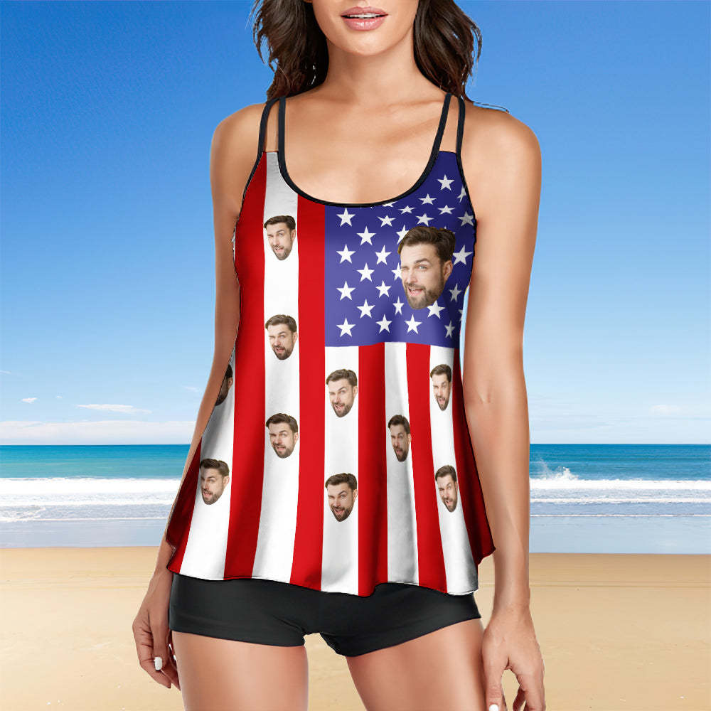 Custom Face Swimwear American Flag Tankini Bathing Suit for Women 2 Piece Swimsuit  - soufeelus