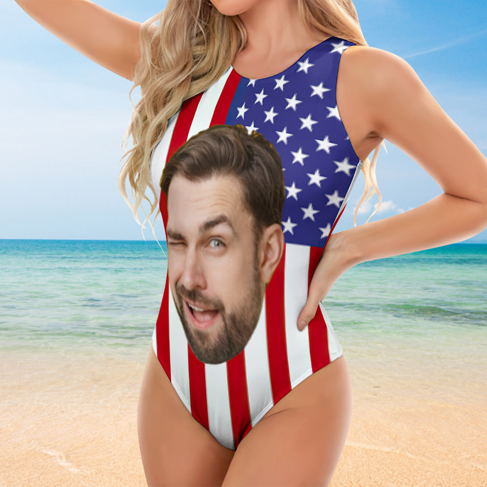 Custom Face USA Swimsuit Personalized Bathing Suit Vest Bodysuit Swimsuit for Women - soufeelus