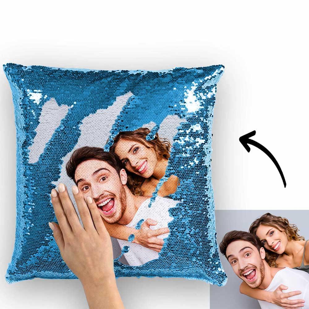Custom Photo Magic Sequins Pillow Lake Blue Color Shiny 15.75 * 15.75 Unique Gifts - soufeelus