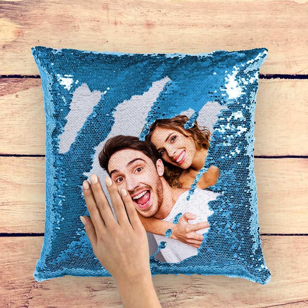 Custom Photo Magic Sequins Pillow Lake Blue Color Shiny 15.75 * 15.75 Unique Gifts - soufeelus