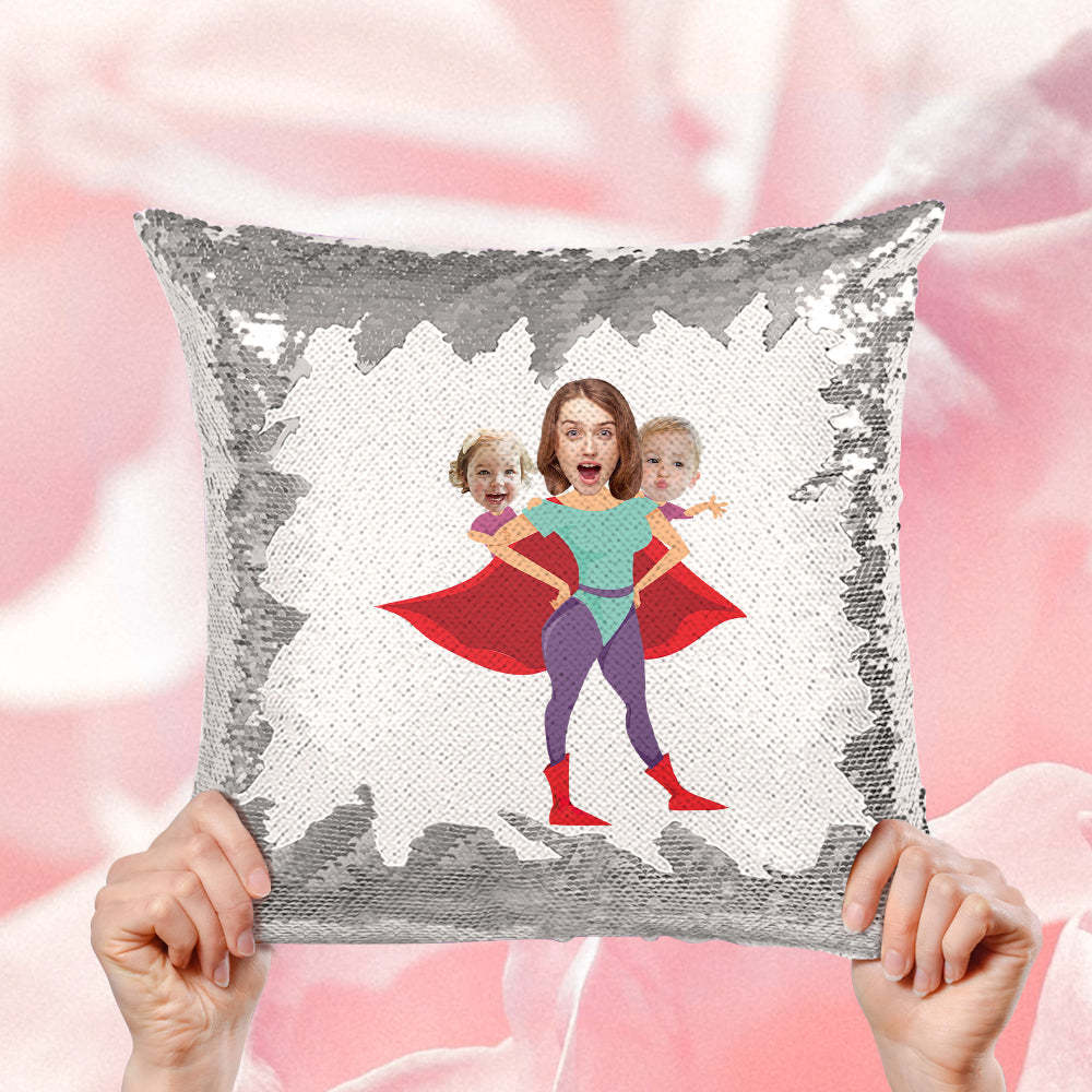 Custom Face Sequin Pillow Personalized Super Mom Photo Sequin Pillow Best Mother's Day Gift -