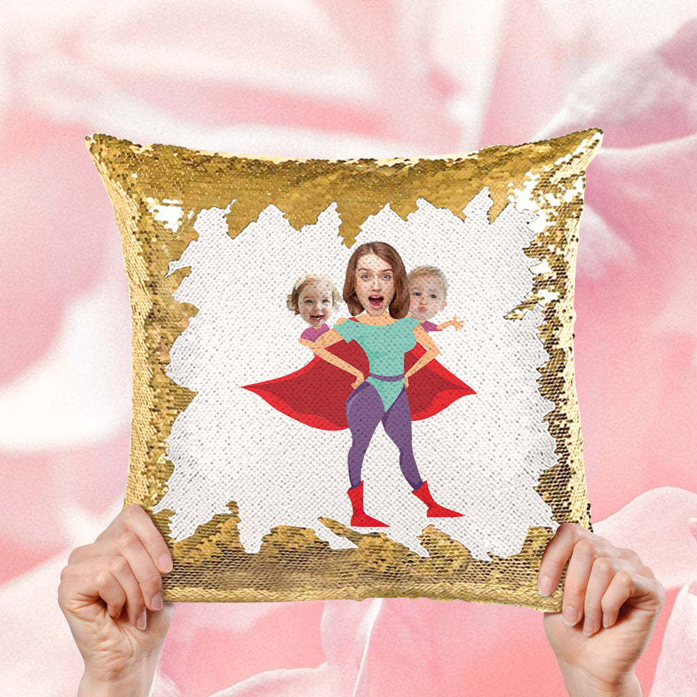 Custom Face Sequin Pillow Personalized Super Mom Photo Sequin Pillow Best Mother's Day Gift -