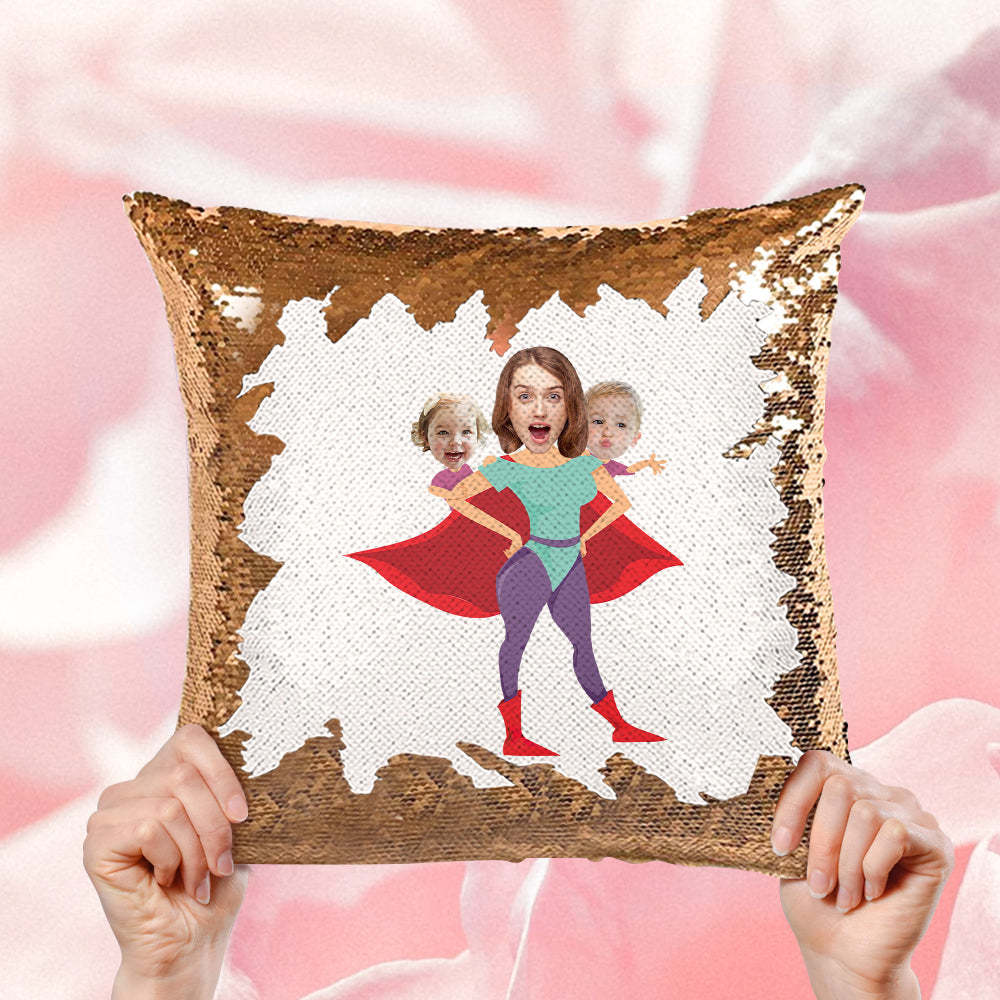 Custom Face Sequin Pillow Personalized Super Mom Photo Sequin Pillow Best Mother's Day Gift -