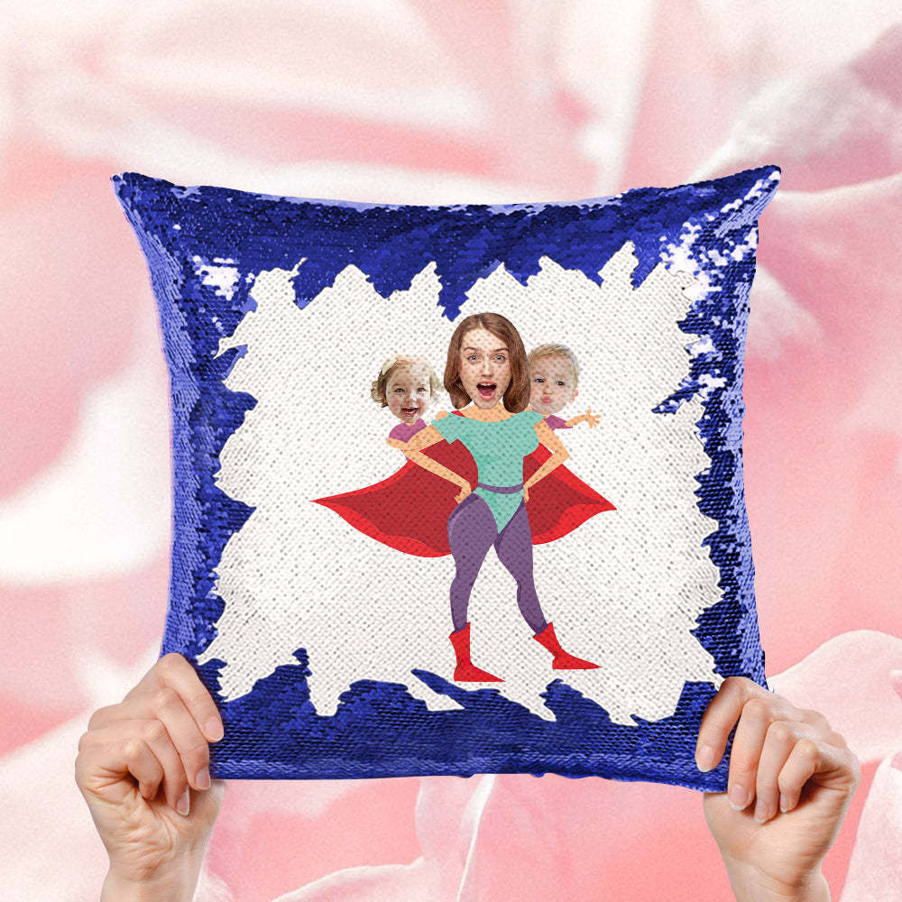 Custom Face Sequin Pillow Personalized Super Mom Photo Sequin Pillow Best Mother's Day Gift -