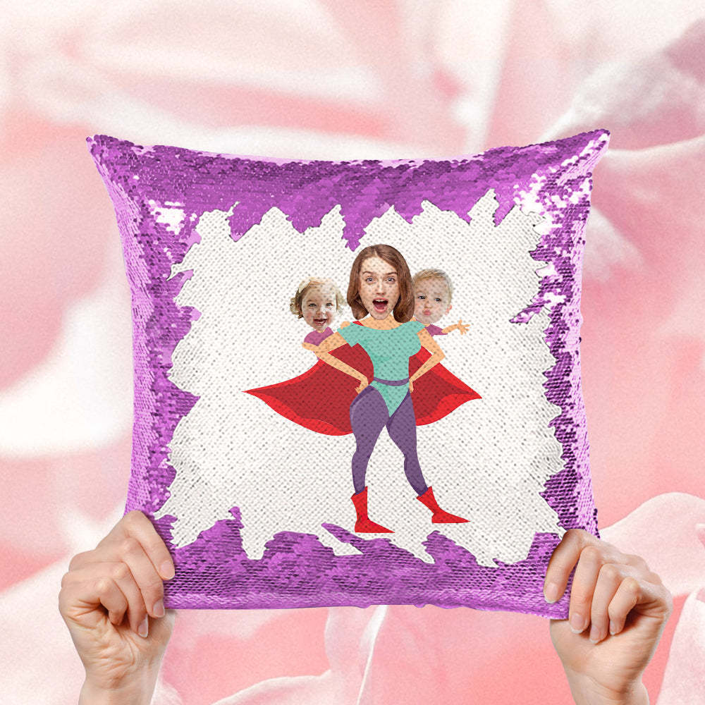 Custom Face Sequin Pillow Personalized Super Mom Photo Sequin Pillow Best Mother's Day Gift -