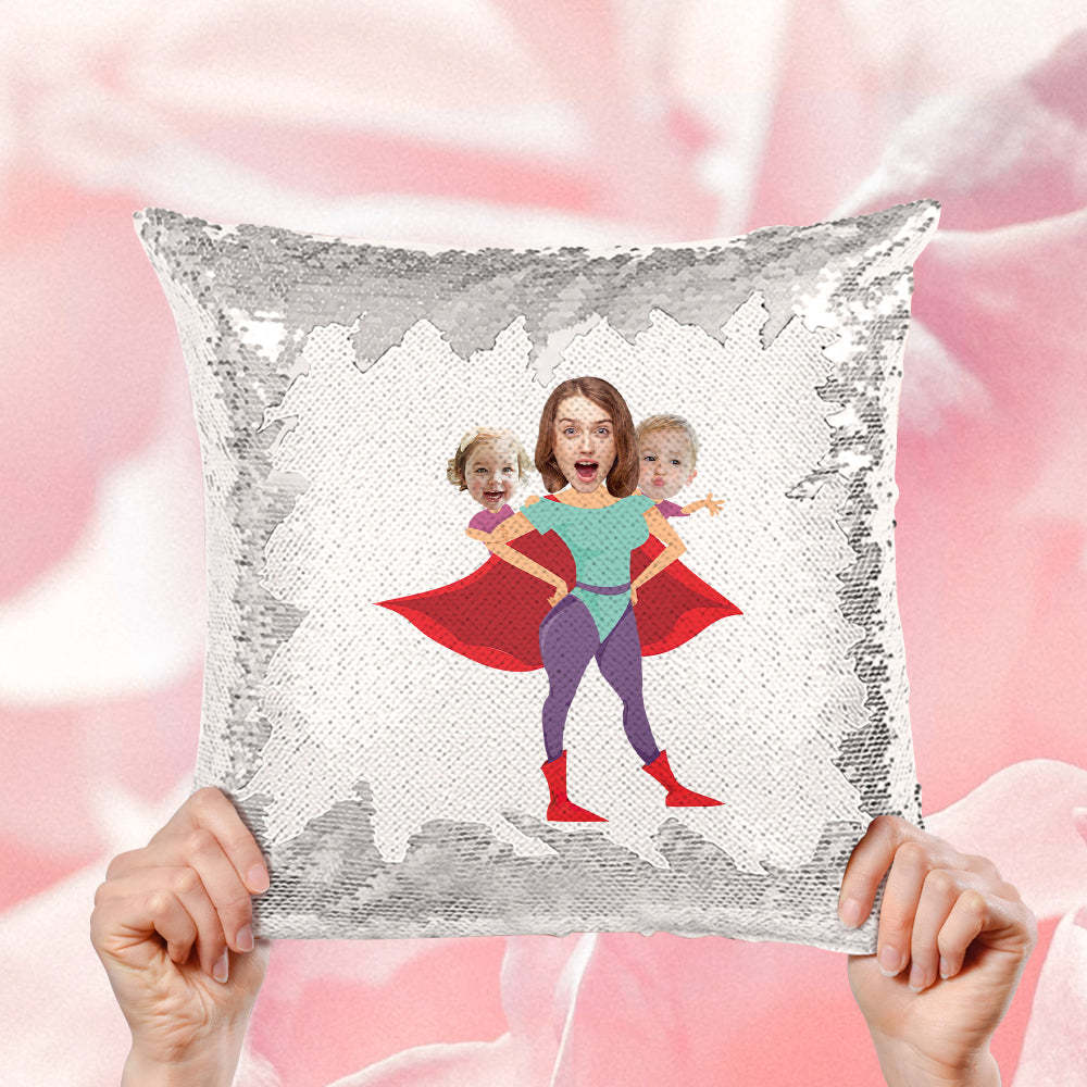 Custom Face Sequin Pillow Personalized Super Mom Photo Sequin Pillow Best Mother's Day Gift -