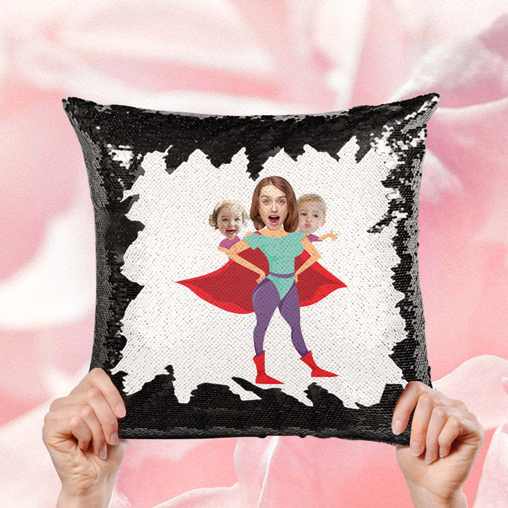 Custom Face Sequin Pillow Personalized Super Mom Photo Sequin Pillow Best Mother's Day Gift -