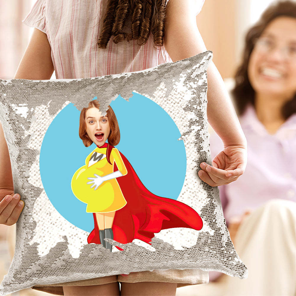Custom Pregnant Super Mom Face Sequin Pillow Best Mother's Day Gift -