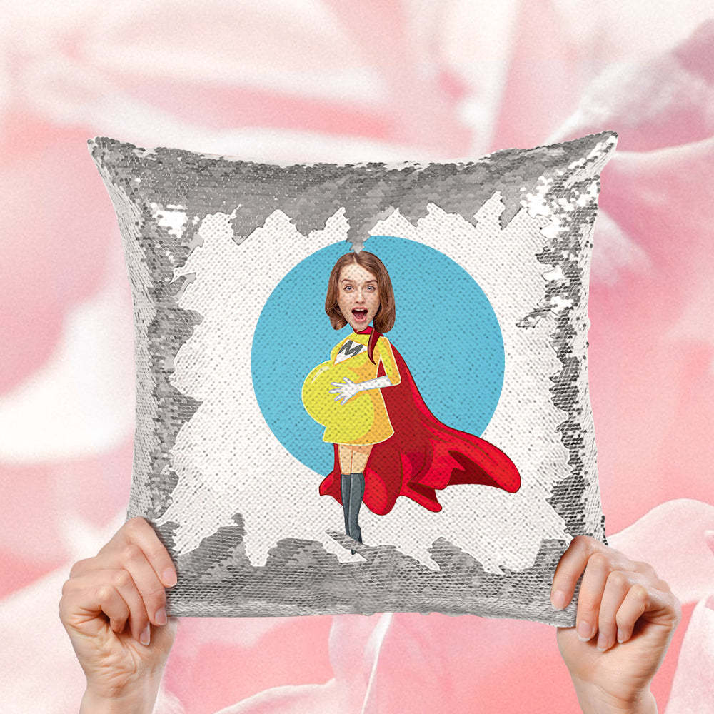 Custom Pregnant Super Mom Face Sequin Pillow Best Mother's Day Gift -