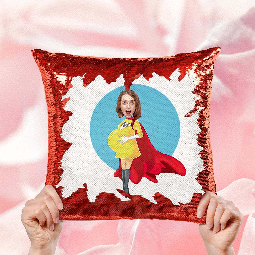 Custom Pregnant Super Mom Face Sequin Pillow Best Mother's Day Gift -
