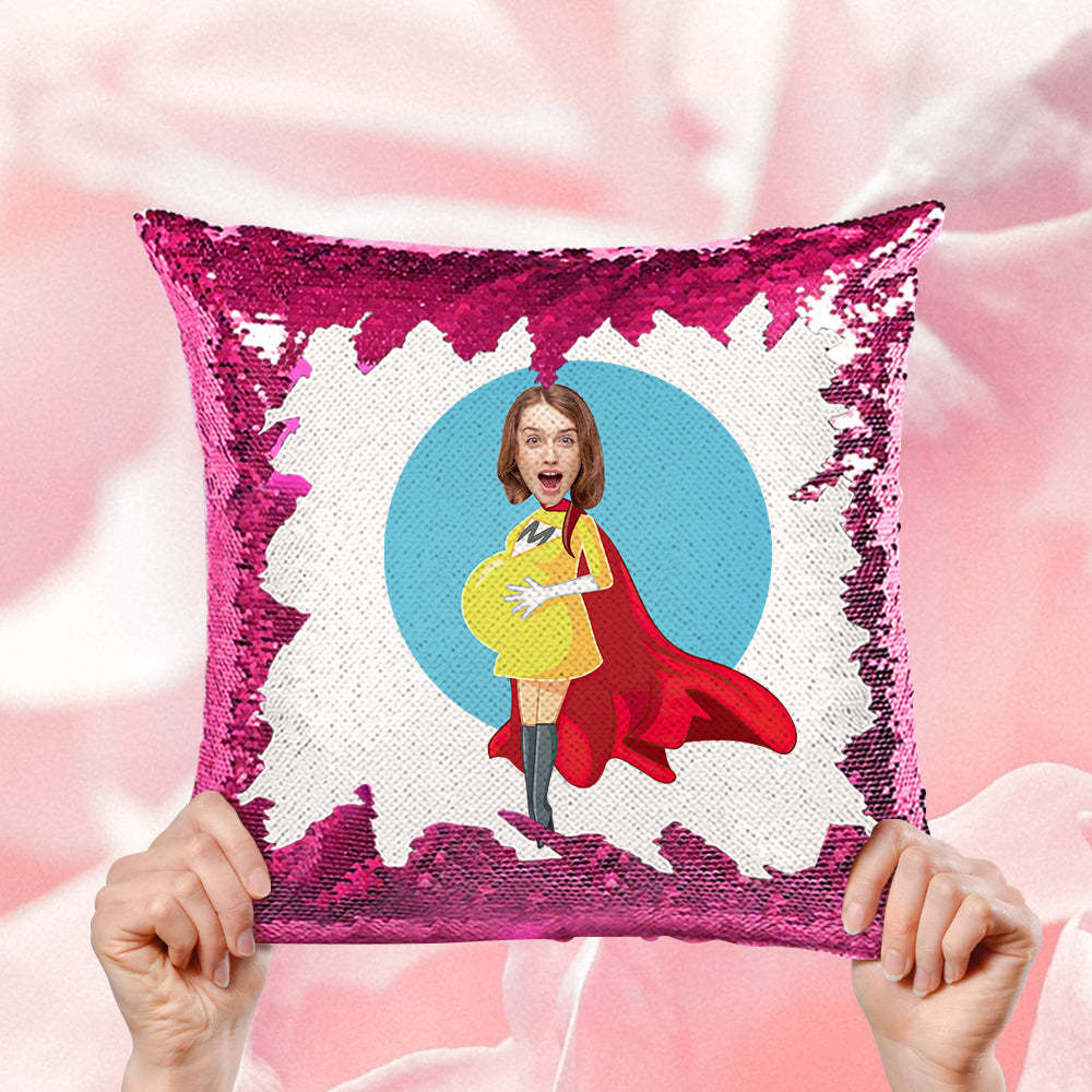 Custom Pregnant Super Mom Face Sequin Pillow Best Mother's Day Gift -