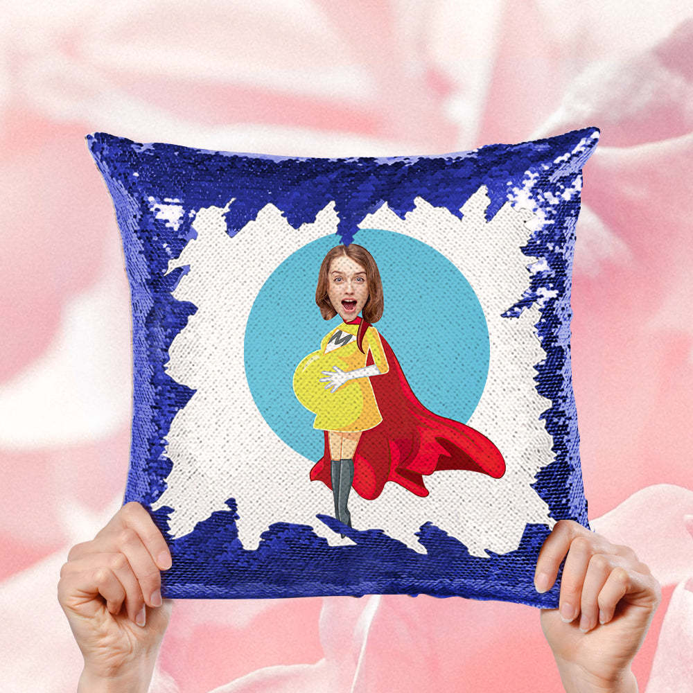 Custom Pregnant Super Mom Face Sequin Pillow Best Mother's Day Gift -