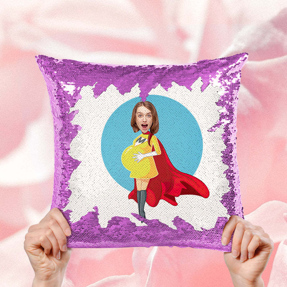 Custom Pregnant Super Mom Face Sequin Pillow Best Mother's Day Gift -