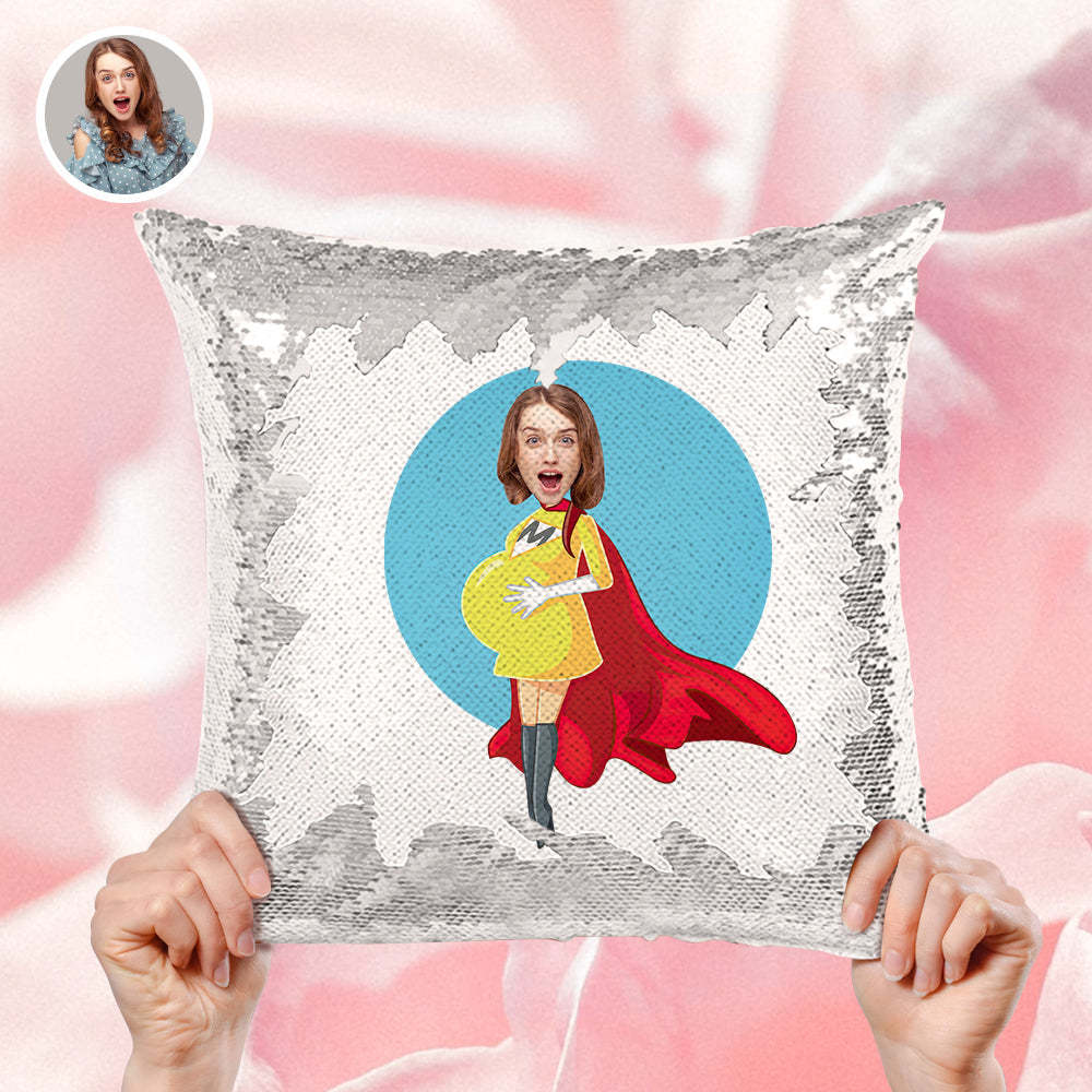 Custom Pregnant Super Mom Face Sequin Pillow Best Mother's Day Gift -