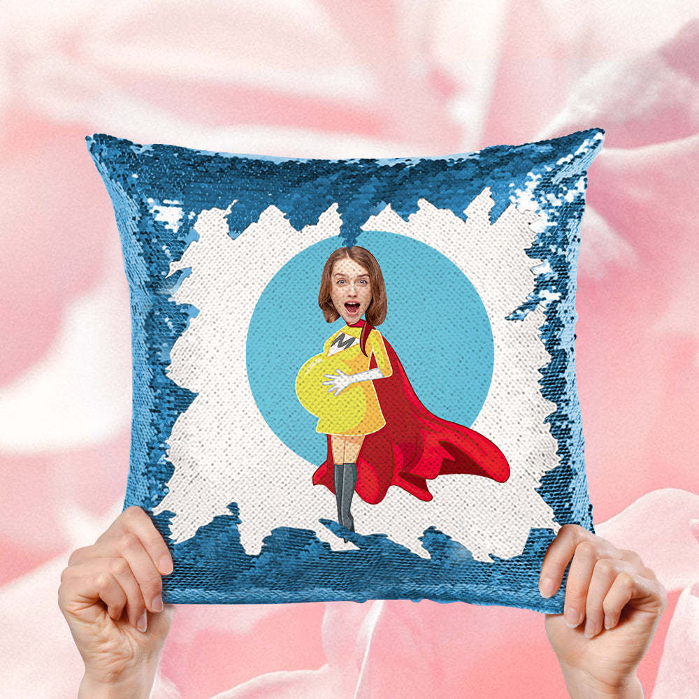 Custom Pregnant Super Mom Face Sequin Pillow Best Mother's Day Gift -