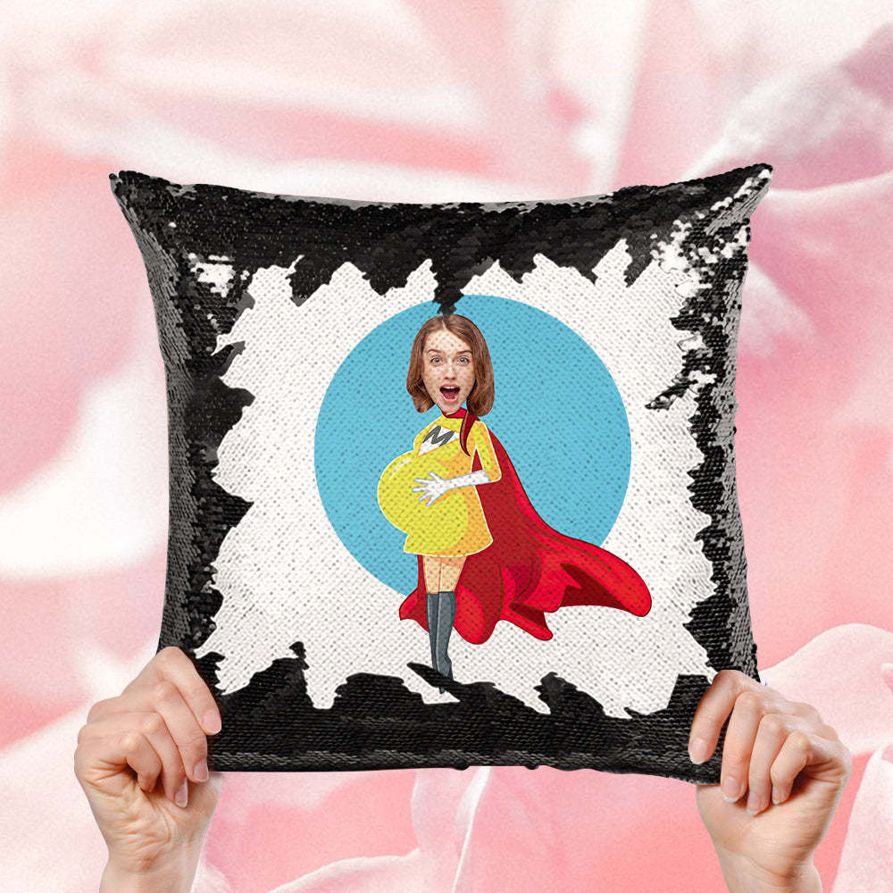 Custom Pregnant Super Mom Face Sequin Pillow Best Mother's Day Gift -