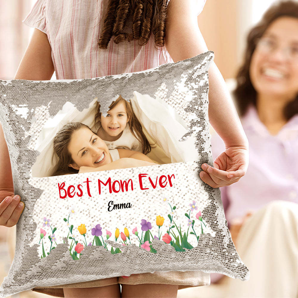 Custom Best Mom Ever Sequin Pillow Personalized Mom Photo Sequin Pillow -
