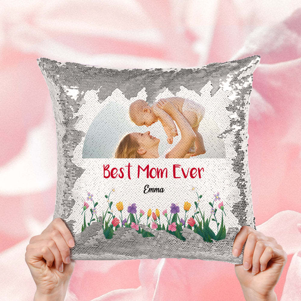 Custom Best Mom Ever Sequin Pillow Personalized Mom Photo Sequin Pillow -