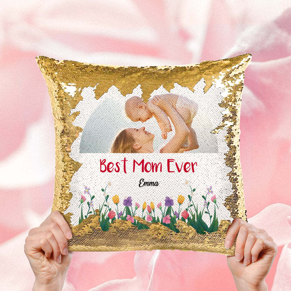 Custom Best Mom Ever Sequin Pillow Personalized Mom Photo Sequin Pillow -